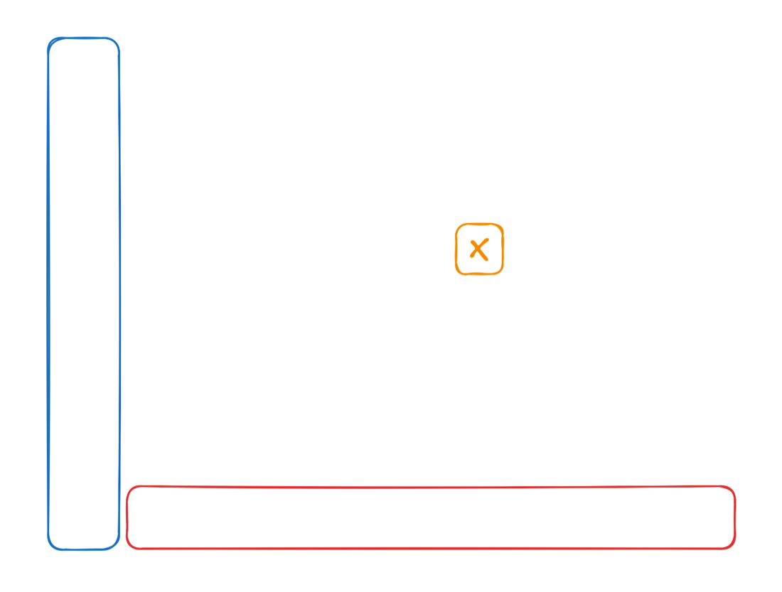 Excalidraw sketch: blue snake starts on the left, red along the bottom, a bomb marked X in the middle